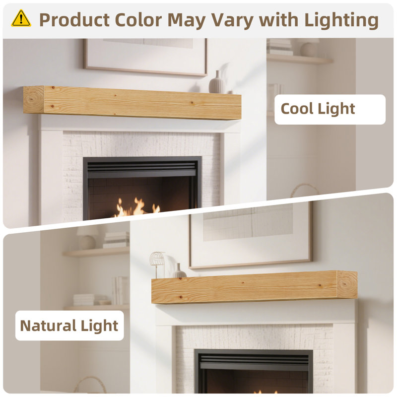 Fireplace Mantel, Wood Floating Fireplace Shelves, Clear Varnished Natural Wood, 5" H x 48" W x 8" D