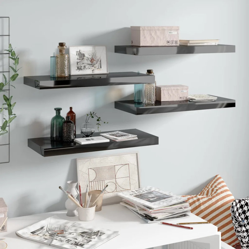 Arsis 4 Piece Metal Floating Shelf, High Gloss Black, 3.8cm H x 23.5cm W x 60cm D