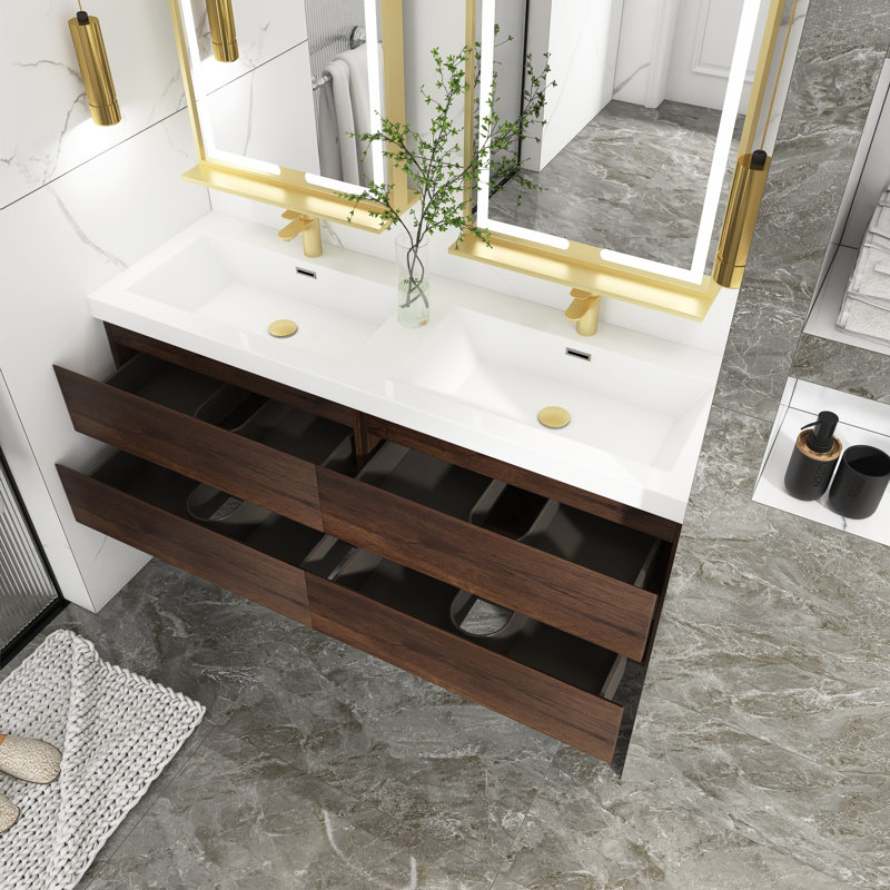 Meuble-lavabo double 60 po avec plateau en résine Zye, Palissandre