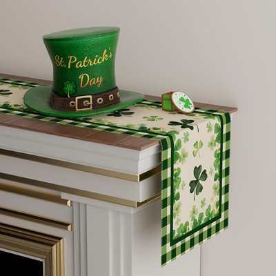 Green Plaid Four-Leaf Clover And Shamrock Table Runner, St. Patrick’S Day Party And Kitchen Decor