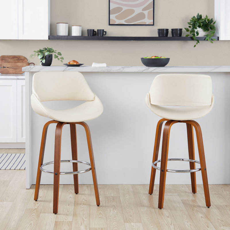 Najrin 30" Fixed-Height Faux Leather Bar Stool with Bent Wood Legs & Round Footrest (Set of 2), Walnut/Chrome, Cream