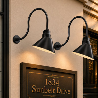 10in. Satin Black Angle Shade Gooseneck Sign Light Fixture With 22in. Long Extension Arm - Wall Sconce Farmhouse, Antique Style - UL Listed - 9W 900lm A19 LED Bulb (5000K Cool White) - 2-Pack