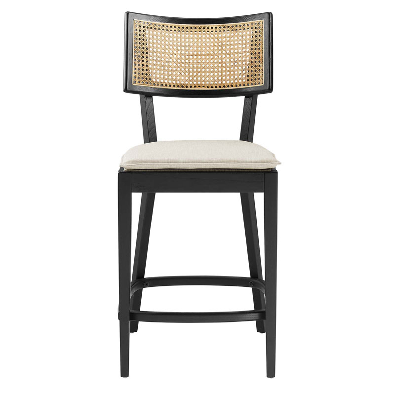 Caledonia Black and Beige Wood Counter Stools with Rattan Backrest