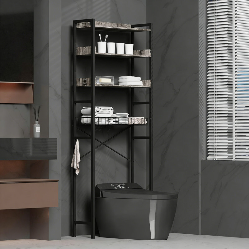 Étagère de rangement au-dessus de la toilette, organisateur de salle de bain autoportant à 4 niveaux avec tablettes réglables et panier de rangement, support de toilette peu encombrant pour la salle de bain et la salle de lavage