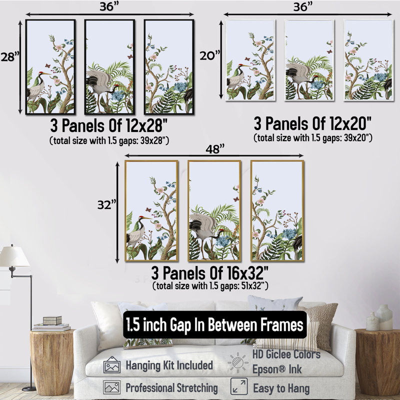 Bordure avec grues et pivoines dans un style chinois - 3 pièces, cadre flottant, impression sur toile, H 32 po x l 48 po