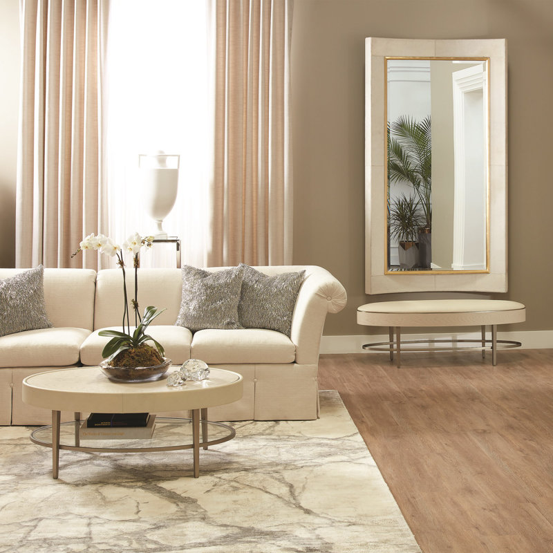 Ivory and Gray Oval Wood Metal Glass Coffee Table