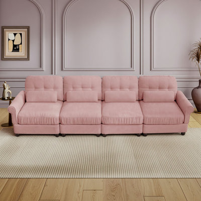 Brown Chenille 4-Seater Modular Sofa with Ruffled-Edge Cushions, Tufted Back, Rolled Arms, Matching Lumbar Pillows and Solid Wood Legs for Living Room Comfort