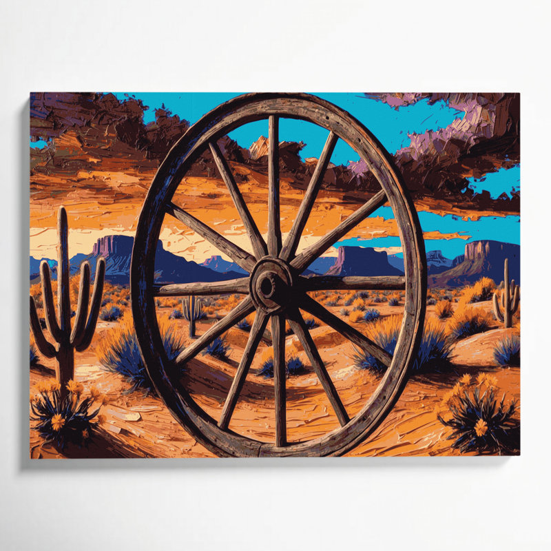 «Southwestern Cowboy Wagon Wheel 90», art mural sur toile brune, H 16 po x l 20 po