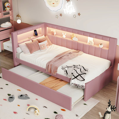 Upholstered Twin Size Platform Bed With USB Ports And LED Belt, With Trundle