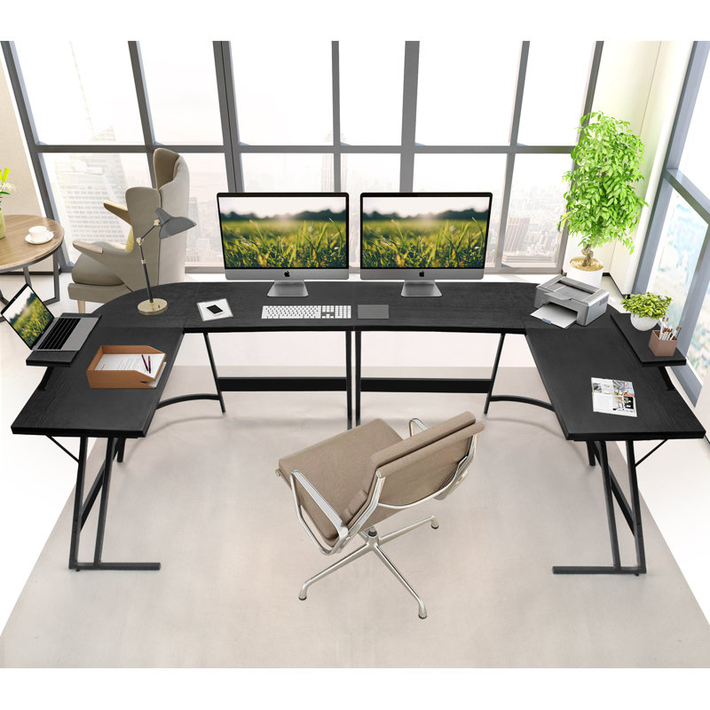 Black L-Shaped Computer Desk with Monitor Stand and Metal Frame