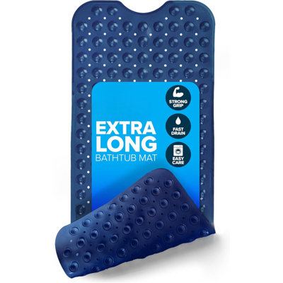 Tapis pour baignoire et douche Power Grip extra long 39 x 16, plancher mouillé antidérapant pour salle de bain pour personnes âgées et enfants, tapis de baignoire 30% plus longs, 200 ventouses, bonde (1, bleu marine)