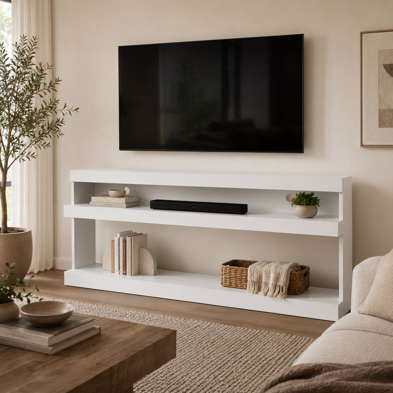 73" White TV Stand With Open Storage Shelves And Cable Management