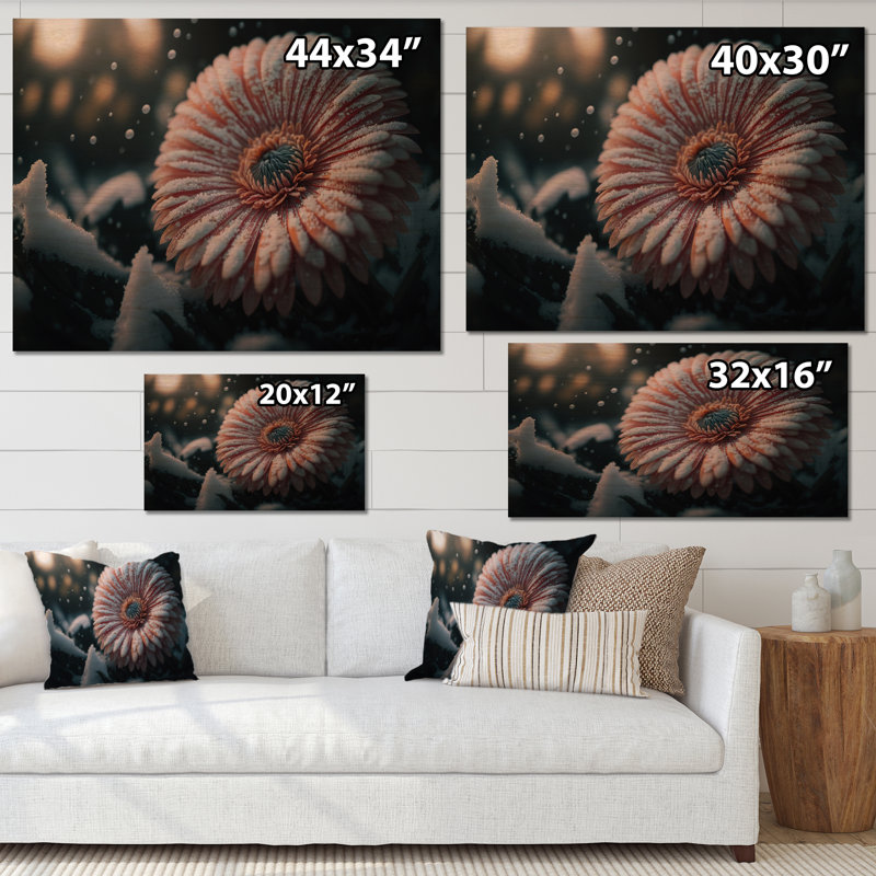 Une fleur de gerbera rose en hiver III - Impression sur toile, H 34 po x l 44 po x P 1,5 po, Bois