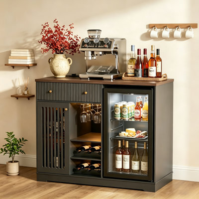 Fluted Design Coffee Bar Cabinet with Mini Fridge Space and Sliding Doors, Large Wine Cabinet with 47.2" W X 20.9" D Tabletop, For Kitchen & Dining Room (Fridge Not Included)