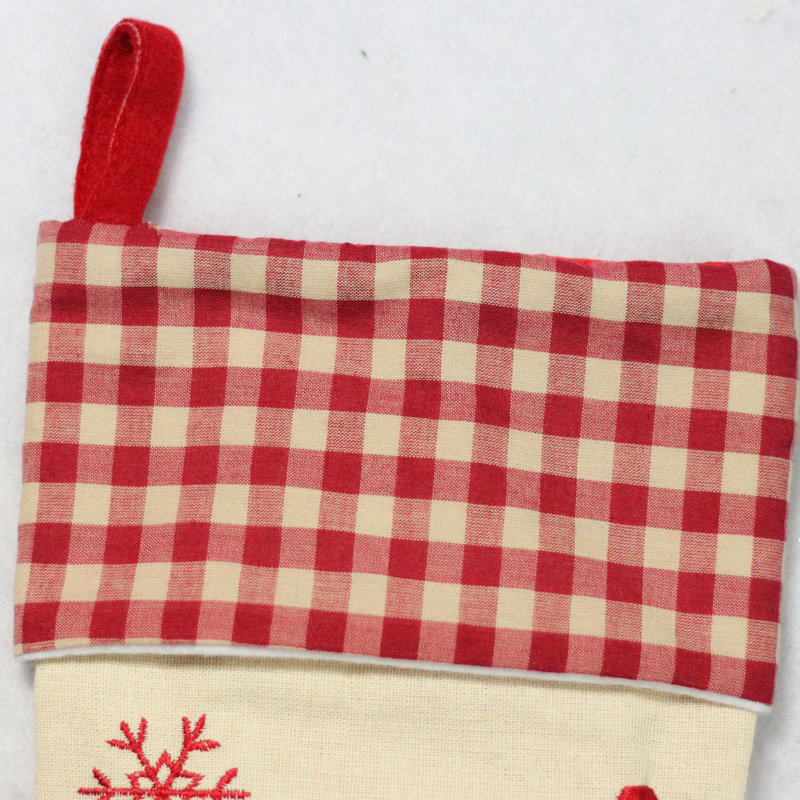 Ivory and Red Embroidered Santa Christmas Stocking with Gingham Cuff