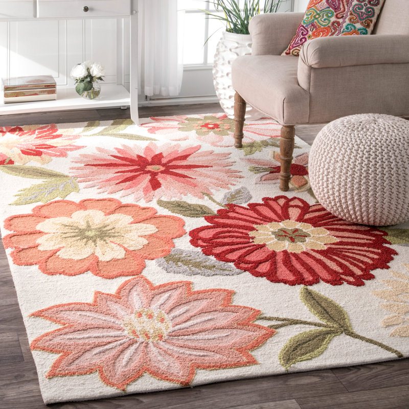 Tapis rouge / rose touffeté à la main à motif floral Leroi, Rectangle de 7 pi 6 po x 9 pi 6 po
