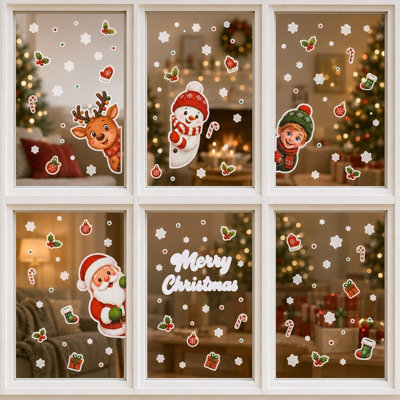Christmas Window Clings 8 Sheets, Santa Snowman Reindeer Static Window Stickers, Reusable Xmas Glass Decals for Holiday Window Decorations