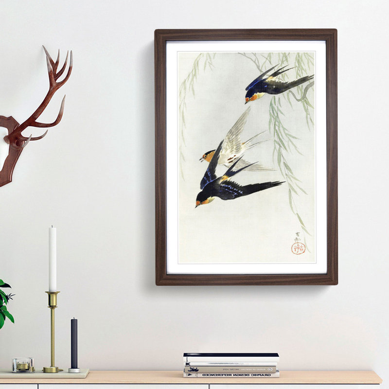 Swallows in Flight by Ohara Koson - Picture Frame Art Print on MDF, 36cm H x 27cm W x 2cm D, Walnut Framed