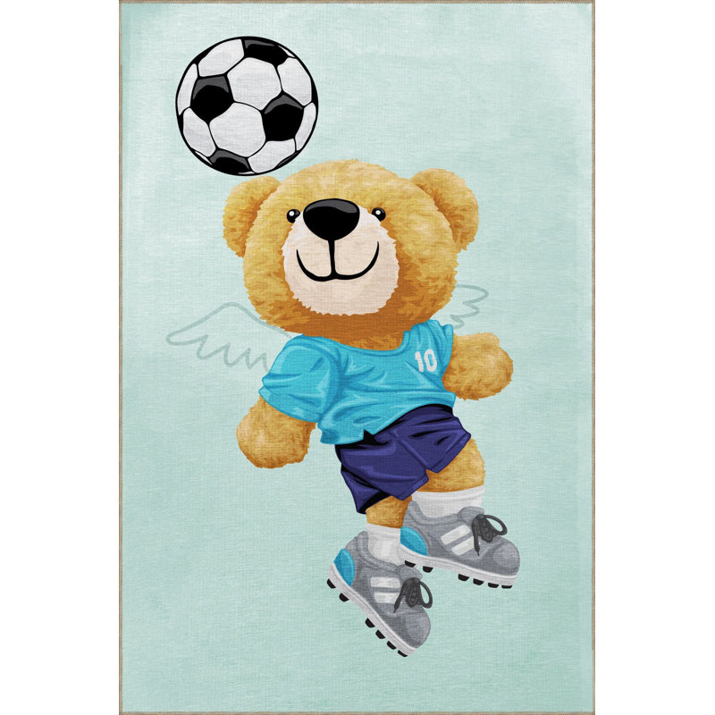Blue Surreal Football Bear Pattern Creative Modern Decorative Washable Rug, Rectangle 3'3" x 4'11"
