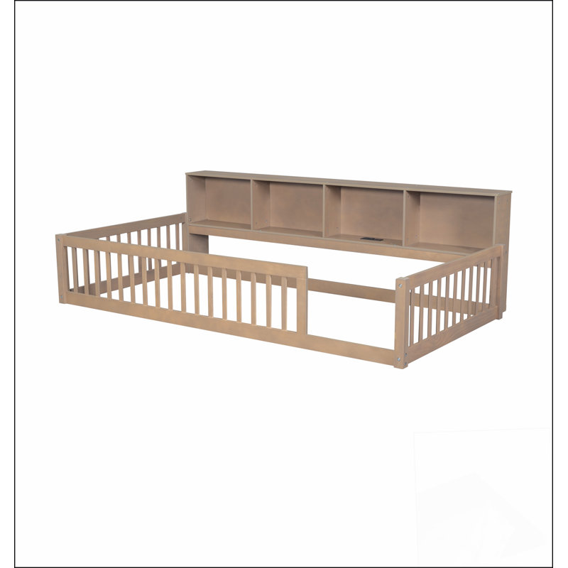 Lit simple en bois de taille très grand avec armoires de rangement spacieuses et ports USB pratiques, brun, Brun