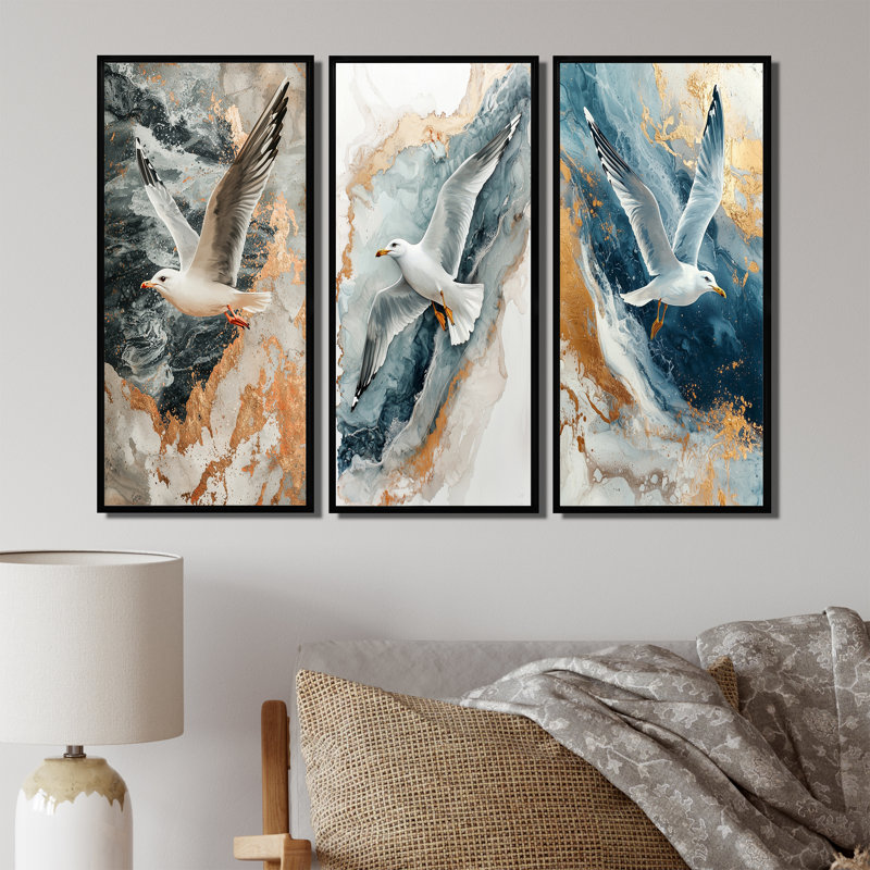 Ailes de marbre bord de mer au-dessus des vagues I - Collection de décorations murales Seagull, H 28 po x l 36 po, Noir