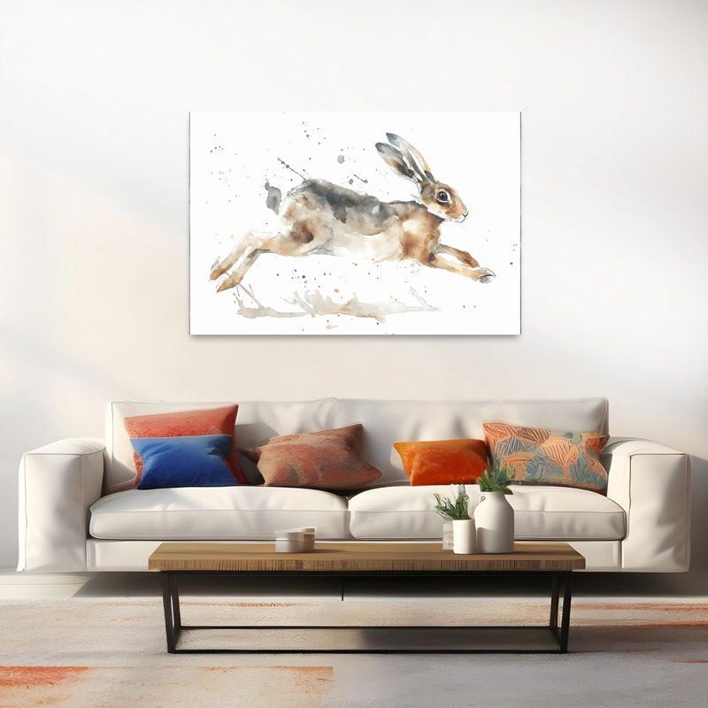 «Spring Jumper» énergique, fantaisiste, abstrait, lapin, nature, faune, art mural, 40" H x 60" W