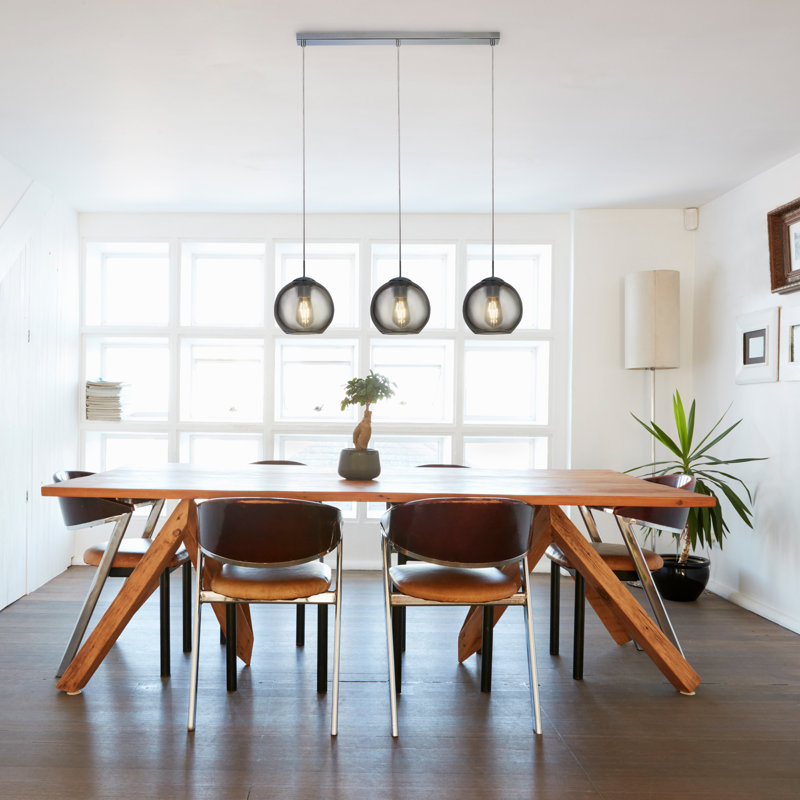 3 - Light Kitchen Island Globe Pendant, Silver/Smoked Grey