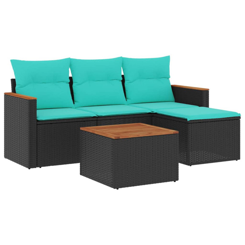 Ensemble de canapé de patio 5 pièces avec coussins en rotin de polyester, Bleu clair, Noir