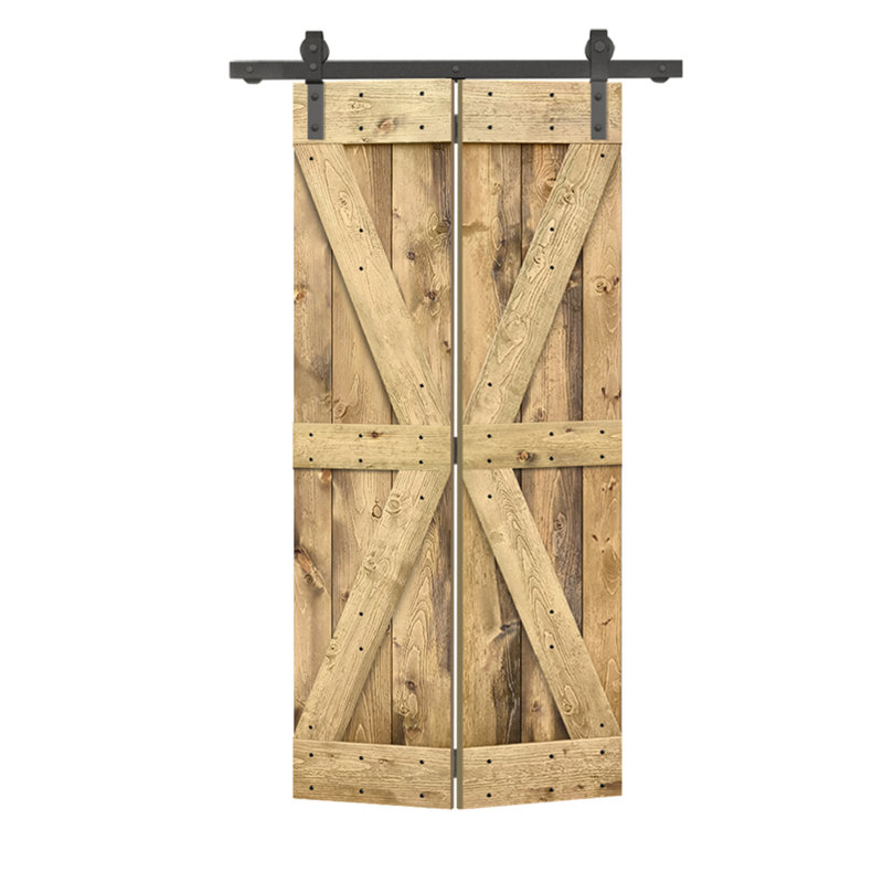 Porte de grange pliante en bois de pin avec quincaillerie coulissante, 36 po x 84 po, Chêne vieilli