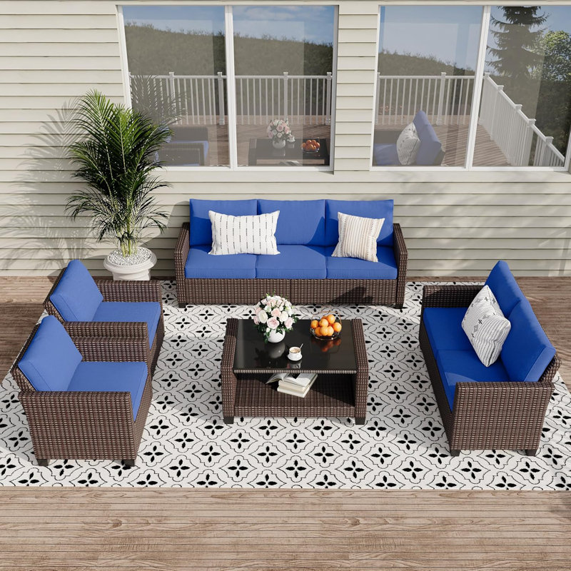 5-Piece Rattan Wicker Patio Furniture Set, Sectional Sofa With Cushions & Glass Coffee Table, Outdoor Conversation Set For Balcony, Porch, Garden, Pool – Blue