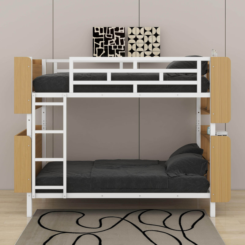 Lit superposé simple au-dessus de simple avec échelle et garde-corps pleine longueur, espace de rangement, Blanc