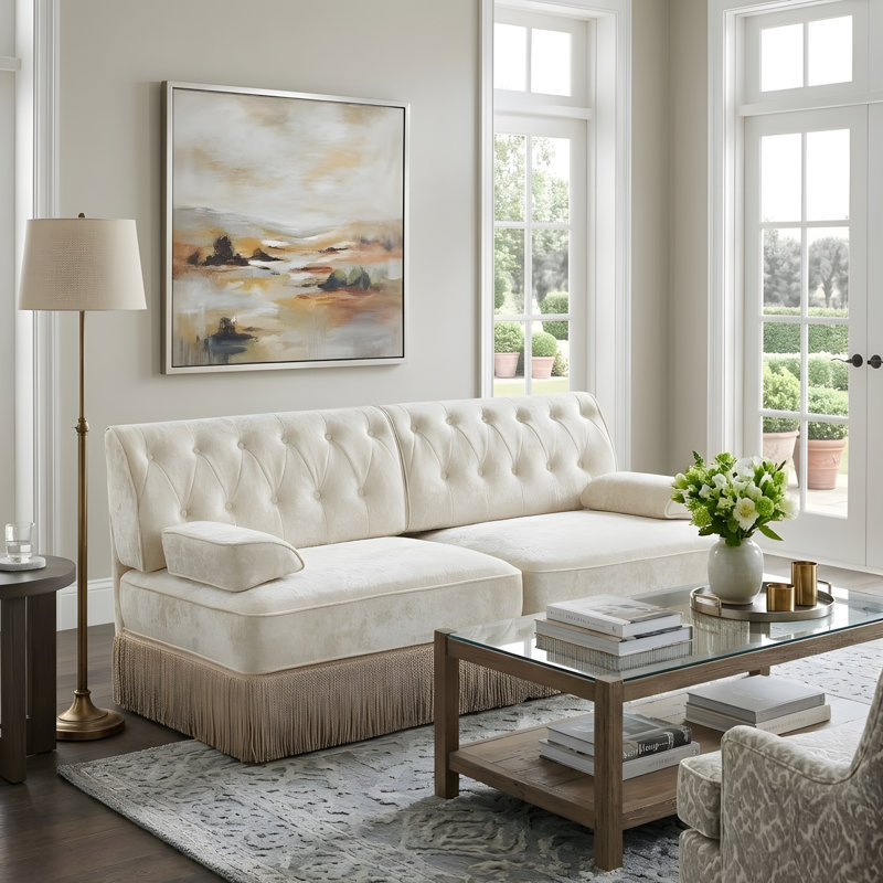 Canapé de style Chesterfield, Beige, H 34,18 po x l 76,58 po x P 33,78 po