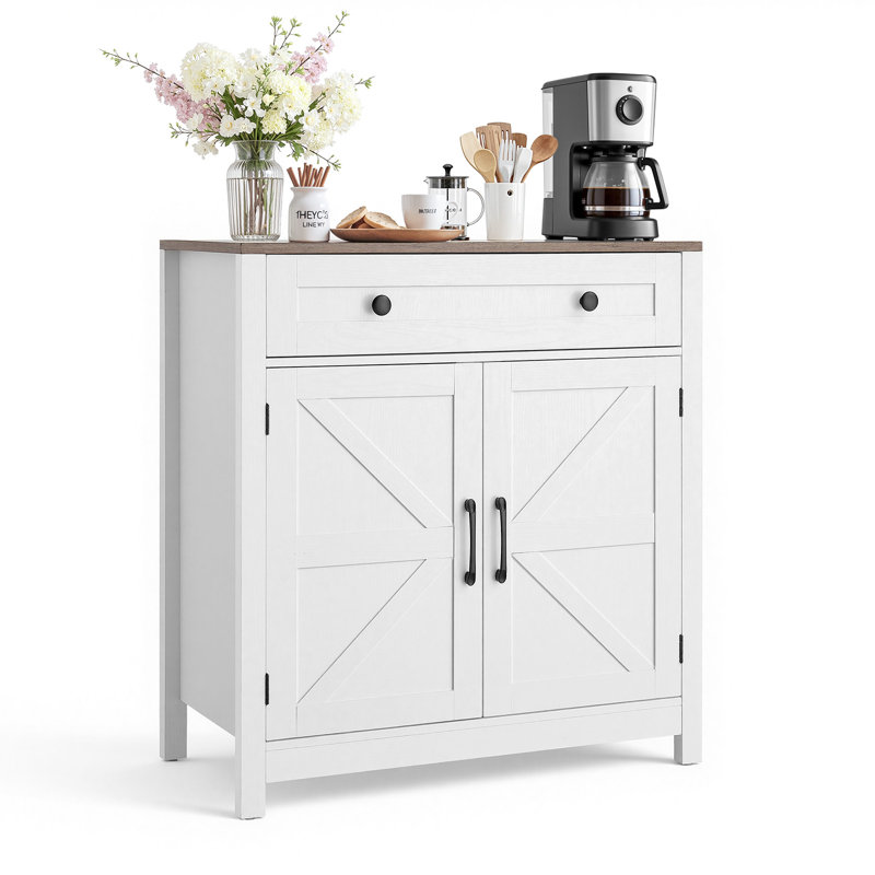 Coffee Bar Cabinet, Farmhouse Coffee Bar Table with Drawer, Buffet Stand Cabinet with 2 Barn Door, Sideboard Buffet Station for Living Room, Entryway, Kitchen, 29.5 x 14.7 x 31.5 in, White