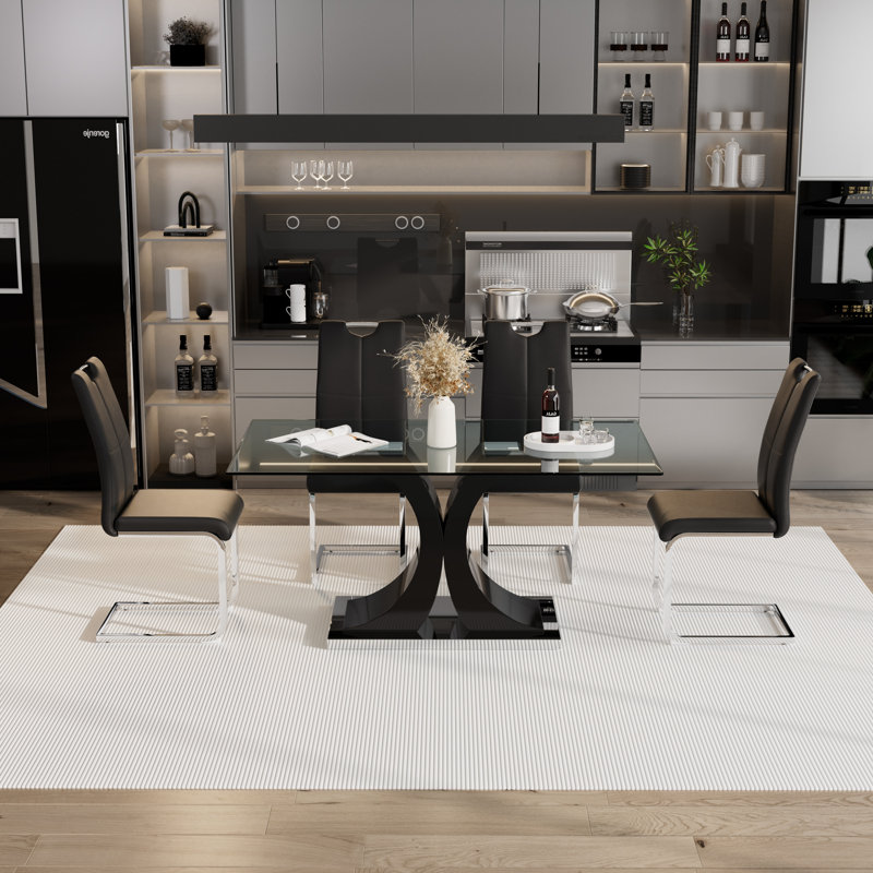Klinges Pedestal Dining Set, 5, Black, Black/Silver