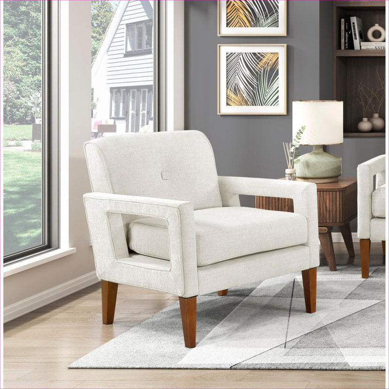 Chaise à accoudoirs simple moderne avec accoudoirs modernes en lin et revêtement en chenille beige, Blanc