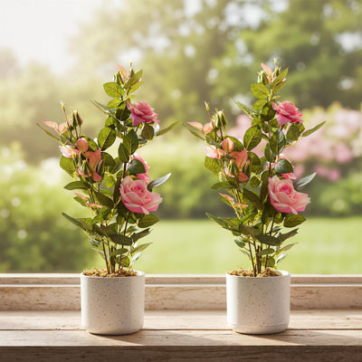 Ensemble de 2 rosiers roses artificiels enroulés - Fleurs en soie réalistes en pots blancs - Faux plantes décoratives d'intérieur et d'extérieur pour la maison, le bureau, le porche, le patio - rose, rose enroulée, 54 cm, deux