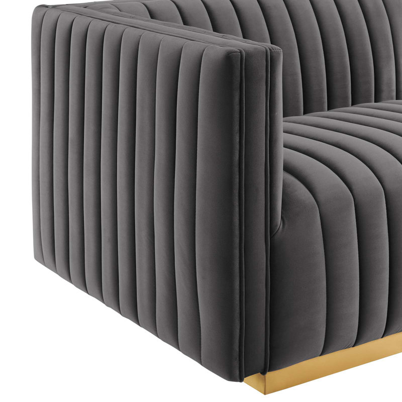 Elegant Gold Gray Velvet Tufted Sofa with Brushed Gold Base