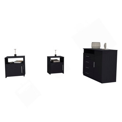 3 Piece Bedroom Set, Rioja 4 Drawer Dresser + 2 Omaha Nightstands, Black
