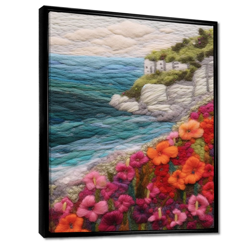 Fleurs de montagne rouges brodées sur la plage, H 20 po x l 12 po x P 1 po, Toile avec cadre flottant noir