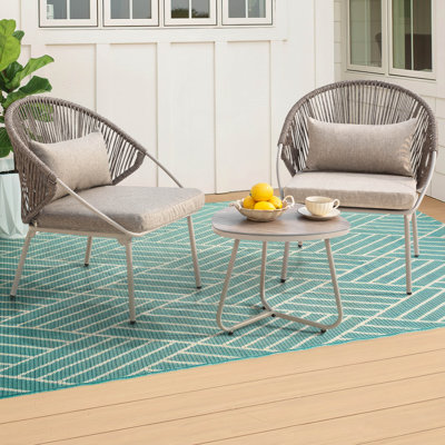 3pcs Pe Wicker Patio Bistro Set With Zippered Cushions, Wood-grain Tabletop