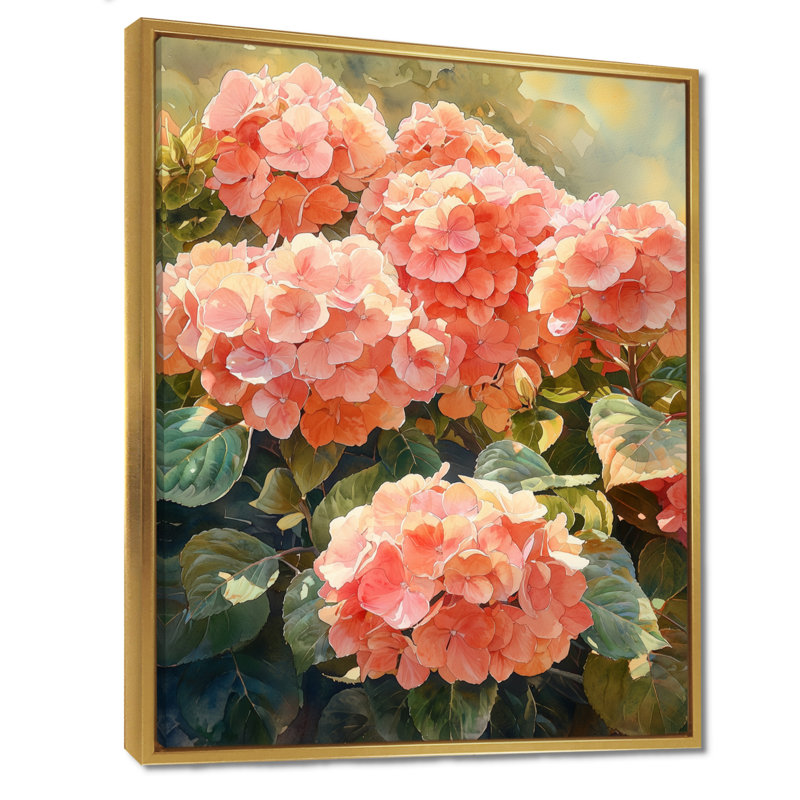 Hydrangées dans un jardin ensoleillé I - impressions sur toile d'hortensias, H 32 po x l 16 po, Doré