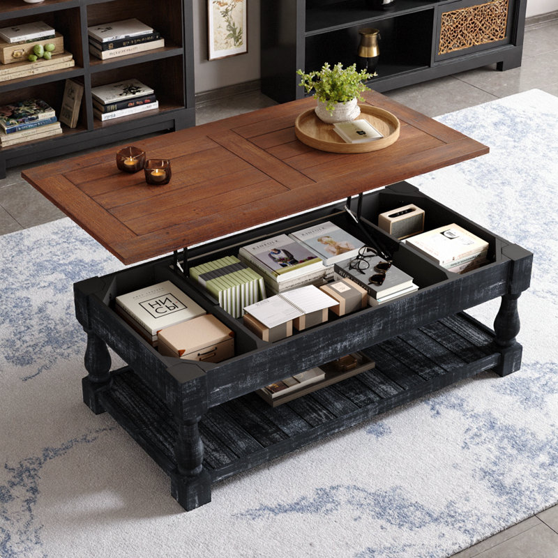 Table basse à plateau relevable en bois massif avec tablette fixe et 3 plateaux de rangement cachés 47 x 24 pouces à deux niveaux