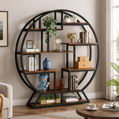 Bibliothèque ronde, étagère industrielle de 62,2 po avec 14 tablettes décalées en noir mat et brun rustique pour le salon ou un appartement