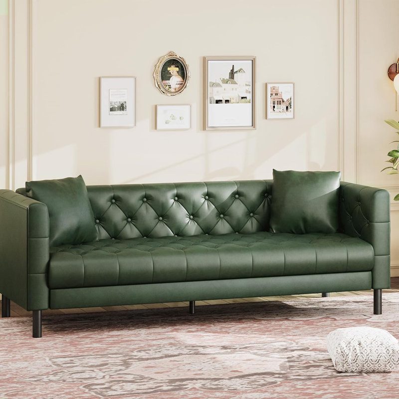 Canapé Chesterfield de 81 po en cuir de style Mid-Century à 3 places avec dossier capitonné , Vert