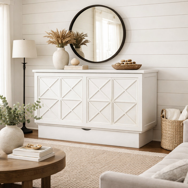 Essie Premium Cabinet Murphy Bed with Queen Mattress and Power Outlets, White