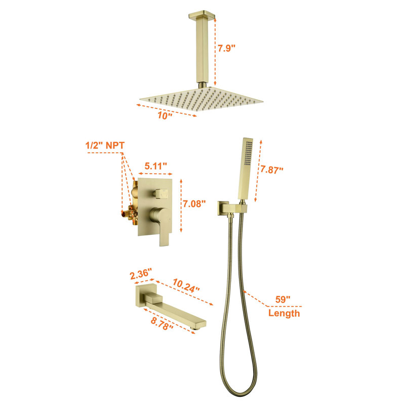 10 Inch Ceiling Mounted Tub Shower System With Handheld Shower Single Handle Shower Faucet Set Brass High Pressure Shower Trim Kit With Rough-In Valve