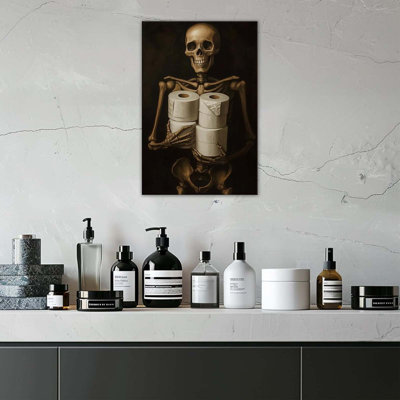 Gothic Skull Wall Art Funny Skeleton With Toilet Paper Canvas Print Vintage Skull Painting Framed Artwork For Living Room Home Halloween Wall Decor