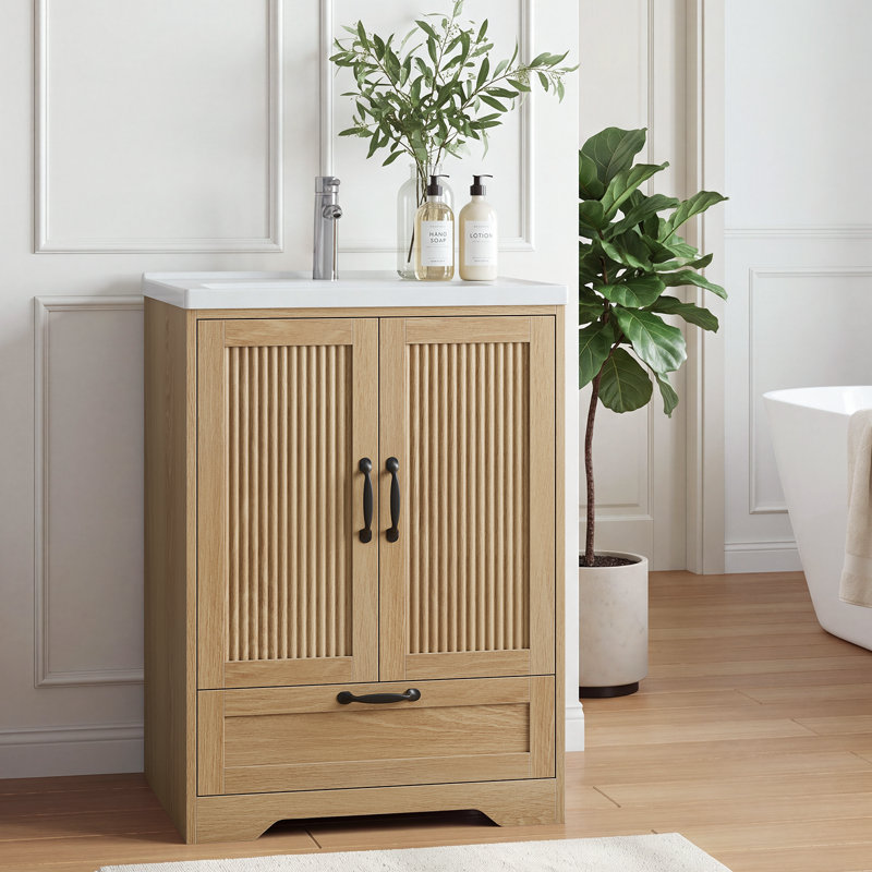 Freestanding Standard Single Vanity Bathroom Vanity With Ceramic Top, Naturel