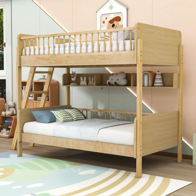Twin Over Twin Wooden Bunk Bed With Shelves, Reversible Ladder And Guardrails