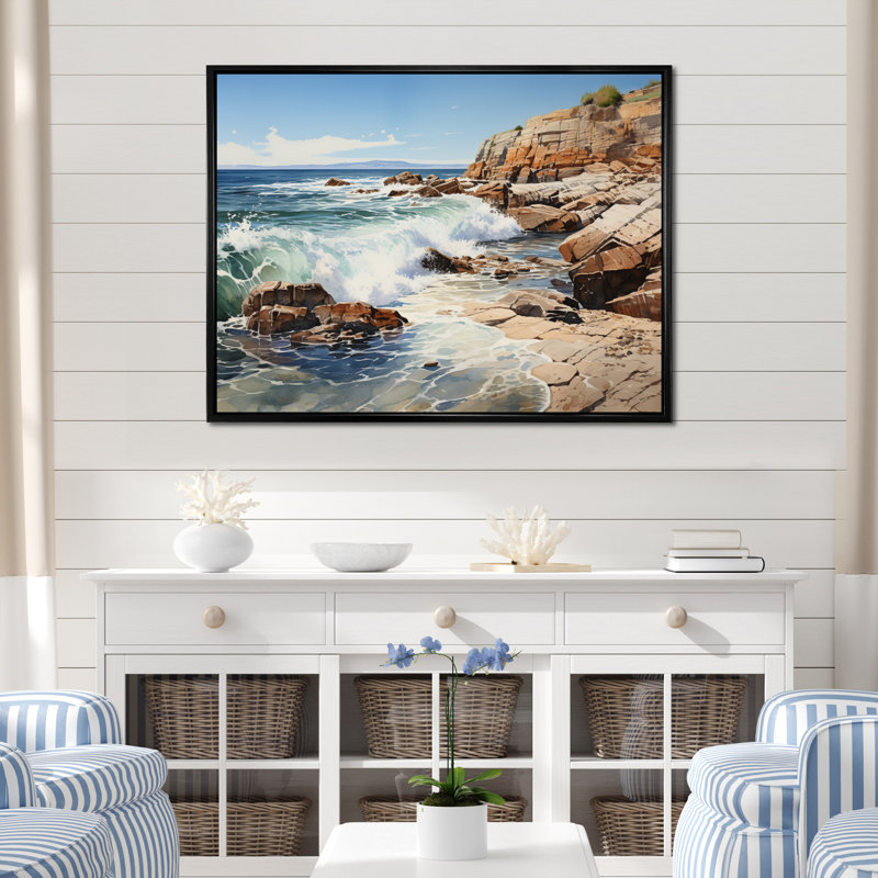 Sachem Rocky Beach, textures rocheuses sur toile, Cadre flottant noir, H 34 po x l 44 po x P 1,5 po